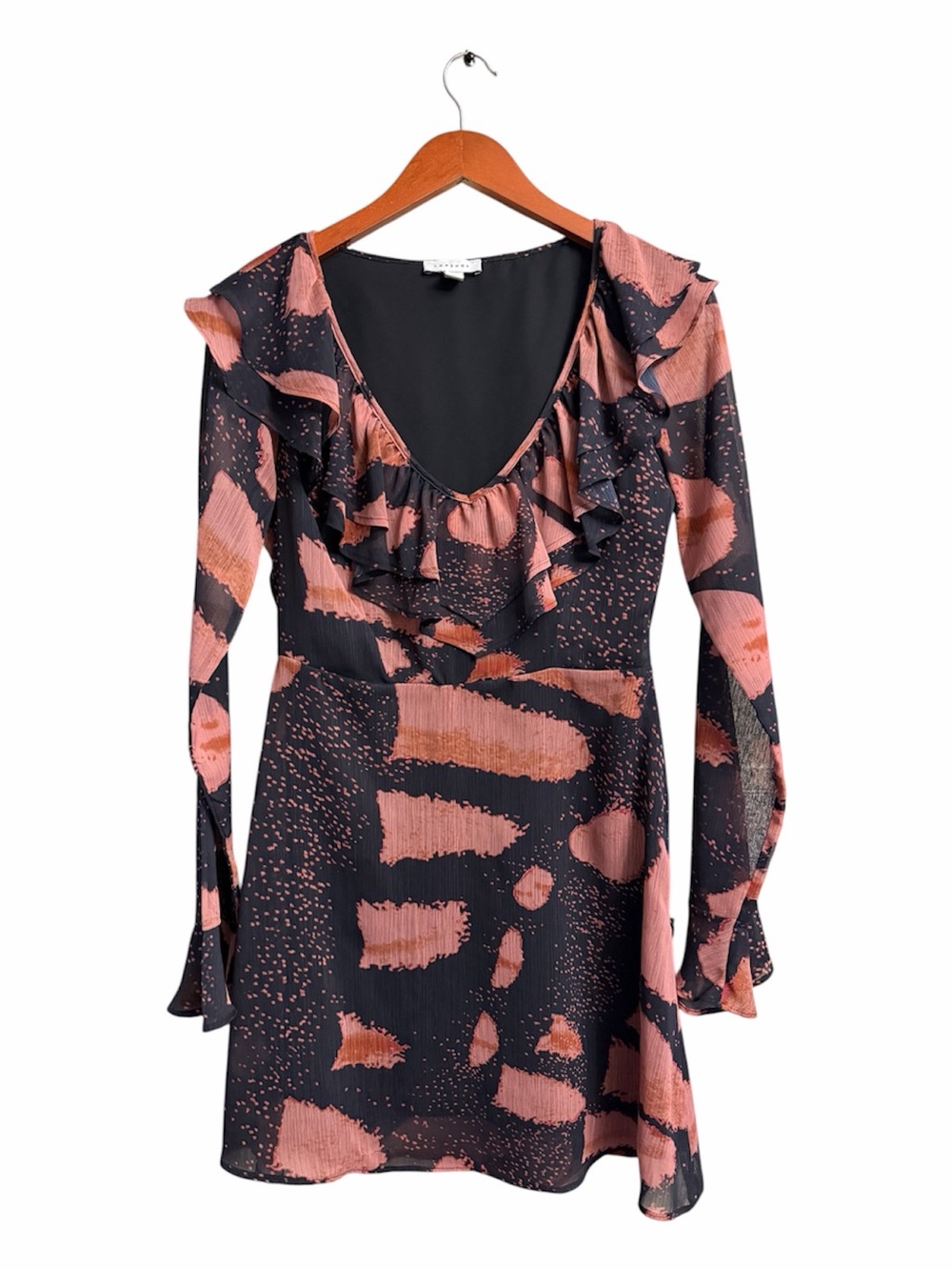 Topshop Black Pink Abstract Ruffle Bell Sleeve Mini Dress size 4